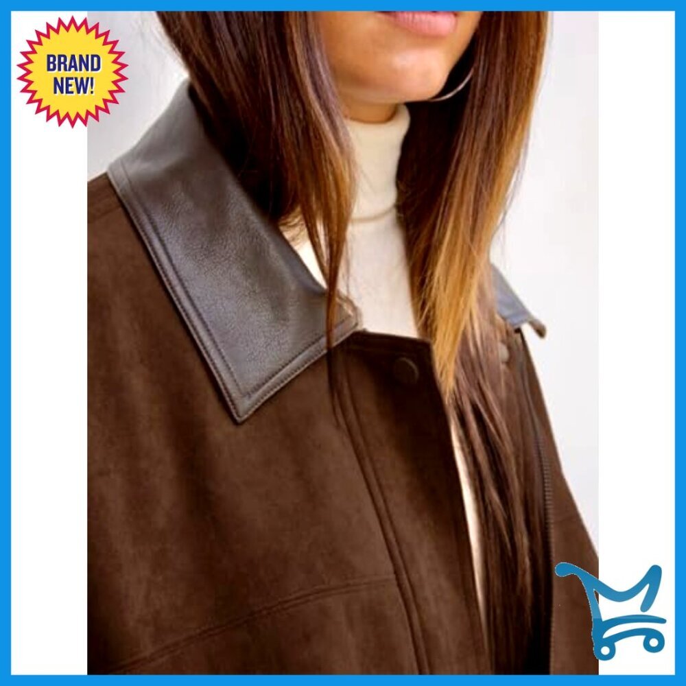 Oversized Faux Suede Bomber Jacket Cropped Lapel Zip Up Streetwear - Picture 5 of 6